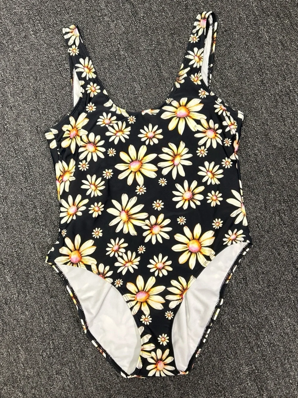 No Boundaries Black One-Piece Swimsuit with Yellow Daisy Print